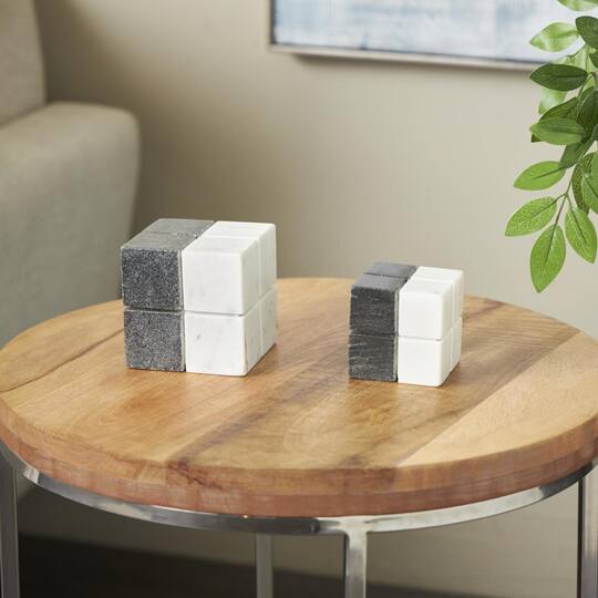 White Marble Geometric Dice Sculpture with Black Accent Set